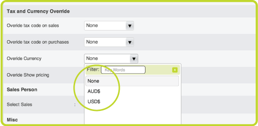 If you have customers or suppliers that you trade with using a currency other than your company default, you can now override this as the default for specific customers/suppliers.